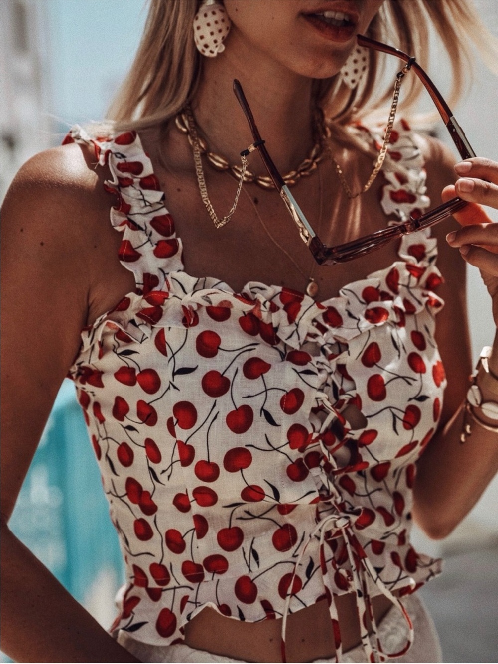 Reformation cream cherry- print ruched crop top